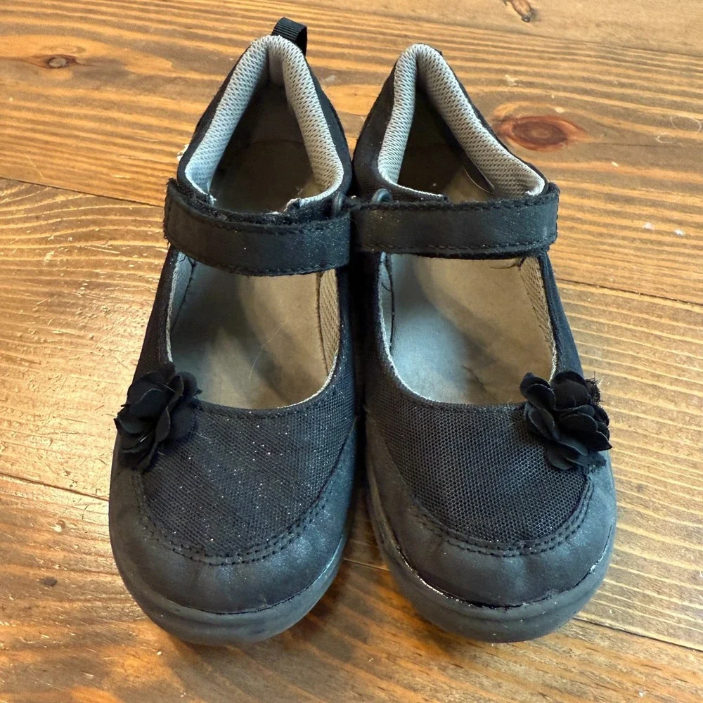 Stride Rite‎ Mary Jane Shoes Gemma Girls Size 13 Black Cloth Flower Hook & Loop